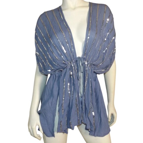 VINCE CAMUTO Layering Topper/Swim Cover, OS, Blue Gauze, Silver sequined Stripes - Picture 1 of 12